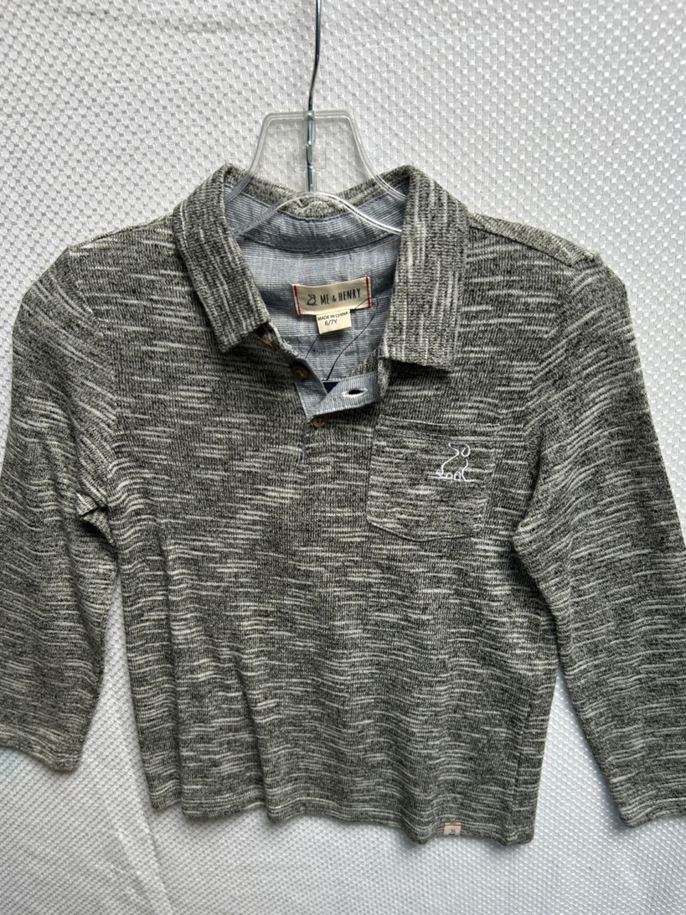 Me & Henry Kids' Gray Heather Polo Long-Sleeve Cotton blend knit shirt. 6/7. NWT